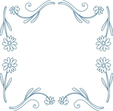 Çiçekli çerçeve, papatya köşeli ve sarmaşık süslemeli, temiz bir çizgi çalışması, geniş bir kopya alanı var. Zarafetin, davetiyenin, selamlamanın, düğün dekorunun sembolü. Çizgi film vektör illüstrasyonu.