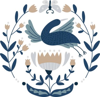 Kelebek ve tomurcukları simetrik düzende olan, halk çiçeği çelenklerinin üzerine yayılmış kuş sıçrar. Özgürlüğün, uyumun, doğanın ve kutlamanın sembolü. Çizgi film vektör illüstrasyonu.