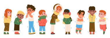 Hoş çocuk karakterleri, kışlık rahat şapkalar ve eşarplar takıyor soğuktan titriyor ve titreyerek sıcak kalmak için sarılıyorlar ve dondurucu sıcaklık çizimlerinden rahatsızlık duyuyorlar.