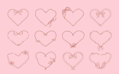 Farklı güzel kurdeleler ve izole edilmiş fiyonklarla süslenmiş kalp şekilli estetik koket koleksiyonu. Romantik Sevgililer Günü, narin kız stili vektör illüstrasyonunda tasarlandı