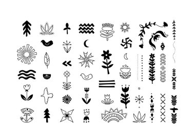İskandinav tarzı vektör illüstrasyonunda dekoratif motiflere sahip tasarım elemanları. Geleneksel etnik sembollerin siyah-beyaz koleksiyonu, çiçek süslemeleri ve markalaşma ve desenler için ayırıcılar