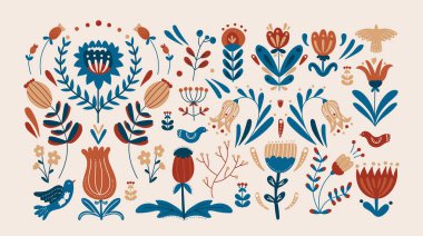 Soyut İskandinav çiçek ve kuşlarının yer aldığı minimalist İskandinav çiçek koleksiyonu. Çağdaş sanat vektörü illüstrasyonu için organik botanik şekiller ve modern etnik renkli siluetler