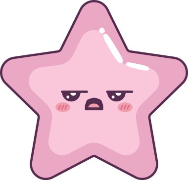 Yarı kapaklı gözlü, dudak büken dudaklı, yanakları kızaran ve kawaii çizgi filminde ışıldayan yıldız karakteri. İğneleme, bıkkınlık, huysuzluk ve küstahlık, tepki. Çizgi film vektör illüstrasyonu.