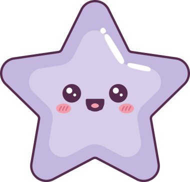 Mutlu yüzlü bir yıldız, parlak bir ışık, allık yanaklar ve cesur bir taslak. Mutluluğun, merakın, ödülün ve uyku zamanı büyüsünün sembolü. Çizgi film vektör illüstrasyonu.