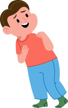 Çocuk, mutlu bir sırıtışla, yuvarlak yanaklarla ve temiz çizgi film gölgesinde günlük kıyafetlerle yana doğru eğiliyor. Çocuk içeriği, aile teması için neşe, mizah ve pozitif ruh hali taşır. Çizgi film vektör illüstrasyonu.