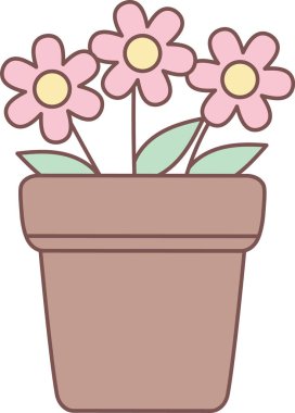 Üç papatya tomurcuğu ve yapraklı saksı, yumuşak şekilli ana hatları çizilmiş sanat. Büyüme, bahar, bakım ve ev dekorunun sembolü. Çizgi film vektör illüstrasyonu.