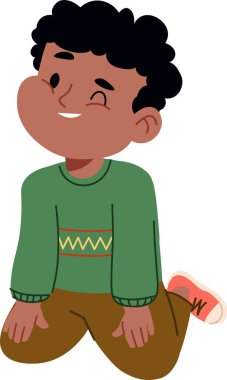 Diz çökmüş, sırıtan, kıvırcık saçlı, kazaklı ve temiz bir çizgi filmdeki gibi spor ayakkabılı bir çocuk. Neşe, çocukluk ve masumiyet taşır, eğitim için harikadır. Çizgi film vektör illüstrasyonu.