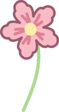 Beş yuvarlak taç yaprağı, kalın dış hatları ve temiz bir çizgi filmde uzun kıvrımlı bir sapı olan bir çiçek. İlkbaharın, büyümenin, doğanın ve selamlaşmanın, düğünün sembolü. Çizgi film vektör illüstrasyonu.