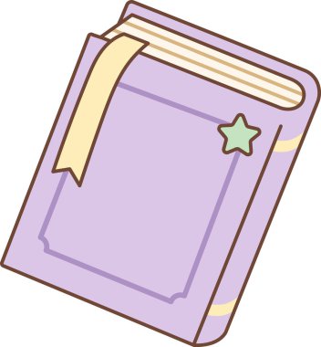 Kurdele ve yıldız rozetli defter, sert kapaklı, yuvarlak köşeli, temiz hatlı. Çalışmanın, yazmanın, hafızanın, öğrenmenin ve planlamanın sembolü. Çizgi film vektör illüstrasyonu.