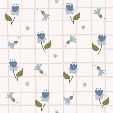 Çiçek filizleri ve yaprakları, küçük çiçek ve gövdeleri olan yumuşak bir ızgarada tekrar eder. Doğa, tekstil ve kumaş ambalajı, kumaş ve duvar kağıdı için bahar atmosferi öneriyor. Çizgi film vektör illüstrasyonu.