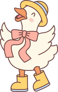 Şapka, büyük bir fiyonk ve çizme takan, cesur bir çizgi film karakteri içinde gülümseyen ve yürüyen bir kaz. Tuhaf kuş modası eğlence, bireysellik, ritim ve geçmişe dönük cazibenin işaretidir. Çizgi film vektör illüstrasyonu.