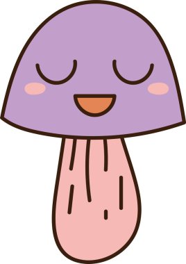 Kapalı gözlü, mutlu ağızlı, yuvarlak şapkalı ve kalın çizgilerle çizilmiş uzun saplı mantarlar. Sakinliğin, Zen 'in, doğa neşesinin ve zenginlik damgası için pozitif titreşimlerin sembolü. Çizgi film vektör illüstrasyonu.