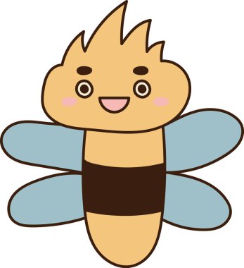 Gülümseyen yüzlü, oval kanatlı, kalın çizgili ve yuvarlak hatlı bir çizgi film karakteri. Mutluluğun sembolü, doğa, bahar, tozlaşma ve çocuk eğlencesi. Çizgi film vektör illüstrasyonu.