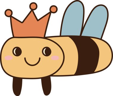 Taçlı arı kralı, gülen surat, çizgili vücut ve yuvarlak kanatlı kalın hatlar. Kraliyet başarısı, liderlik ve mutluluk sembolü. Kral böceği ve gülen maskotla. Çizgi film vektör illüstrasyonu.