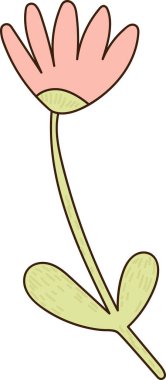 Uzun saplı çiçek, tek yaprak, ve yuvarlak taç yapraklı kalın çizgili ve yumuşak gölgeli. İlkbahar ve botanik temaları için büyüme, doğa ve basitliğin sembolü. Çizgi film vektör illüstrasyonu.