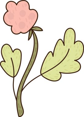 Yuvarlak taç yapraklı bir çiçek, kıvrımlı bir gövde ve geniş bir yaprak çifti. Büyümenin, doğanın ve ilkbahar cazibesinin sembolü. Çizgi film vektör illüstrasyonu.
