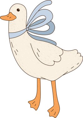 Ördek boynunda papyon, benekli doku ve temiz bir hatla dimdik ayakta duruyor. Çiftlik hayatının sembolü, nezaket, kreş teması ve nezaket. Çizgi film vektör illüstrasyonu.