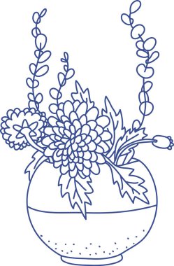 Krizantem buketi, temiz çizgilerle çizilmiş yapraklar ve iz saplarıyla yuvarlak bir vazoya yerleştirilmiş. Sükunetin, zarafetin ve ev dekorunun sembolü. Çizgi film vektör illüstrasyonu.