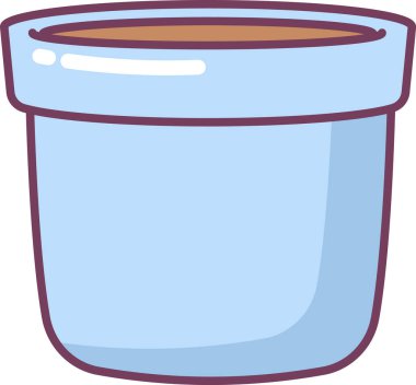 Toprakla dolu saksı, yuvarlak kenar ve temiz bir çizgi filmdeki gibi kalın hatlar. Büyümenin, bahçıvanlığın, yetiştirmenin ve ev dekorunun sembolü. Çizgi film vektör illüstrasyonu.