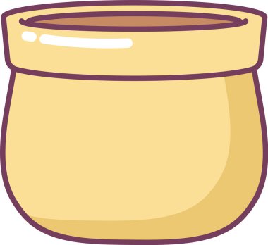 Toprak kenarlı saksı, kalın çizgili yuvarlak kap ve yumuşak gölgeleme, filizlenmek için temiz boşluk. Büyümenin, yetiştirmenin, bahçıvanlığın sembolü. Çizgi film vektör illüstrasyonu.