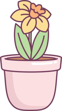 Nergis çiçeği, kilden bir çömlek, geniş yapraklar ve basit yapraklarla doludur. Baharın, büyümenin, umudun ve bahçıvanlığın sembolü. Çizgi film vektör illüstrasyonu.