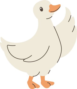 Ördek dik duruyor, kanadı kalkık, vücudu yuvarlak ve basit çizgi detaylarıyla. Arkadaşlığın sembolü, hoş geldin ve çocukları memnun etmek ve çiftlik temalarını selamlamak. Çizgi film vektör illüstrasyonu.