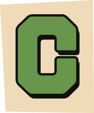 Kalın C harfi, yırtık kağıt kesiği, retro dergi kolajı. Sembol, manşetler ve tipografi için gizem, fidye teması taşıyor. Çizgi film vektör illüstrasyonu.