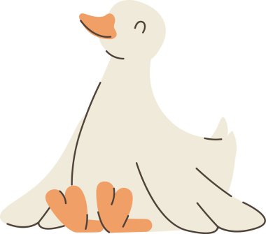 Ördek gözü kapalı, kavisli gagalı ve düzgün çizgili perdeli ayaklarıyla oturuyor. Çocuklar için sükunet, huzur ve kibarlığın sembolü. İçerik ve markalaşma. Çizgi film vektör illüstrasyonu.