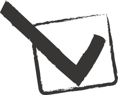 Kare bir kutunun içinde, pürüzlü fırça darbesi dokusu ve grunge kenarlı işaretler var. Onay, başarı, tamamlanma ve oy onayı sembolü. Çizgi film vektör illüstrasyonu.