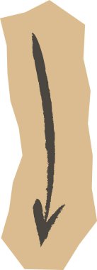 Yırtık kağıt dokusuna fırça darbesi ile el yapımı ok, aşağıya bakıyor. Yön sembolü, rehberlik, vurgu ve el işi sayfası ve kolaj için navigasyon. Çizgi film vektör illüstrasyonu.