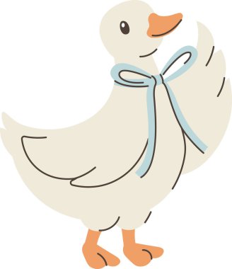 Kurdeleli kaz dik duruyor, gagası gülümsüyor ve çizgi film çiziminde kanatlarını kaldırıyor. Cazibenin sembolü, masumiyet, çocuk sevinci, çocuk maskotu. Çizgi film vektör illüstrasyonu.