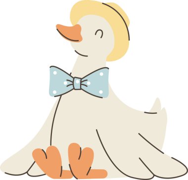 Ördek şapkalı ve benekli papyonlu, perdeli ayaklı, temiz çizgilerle çizilmiş. Cazibe sembolü, çocuk dekorasyonu, tebrik kartı ve çocuk markası. Çizgi film vektör illüstrasyonu.