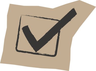 Kaba kare bir kutunun içinde, yırtık bir kağıt parçasının üzerinde, kuru fırça dokusuyla çizilmiş bir el izi. Onaylama, tamamlama, oy verme, görev tamamlama ve başarı sembolü. Çizgi film vektör illüstrasyonu.