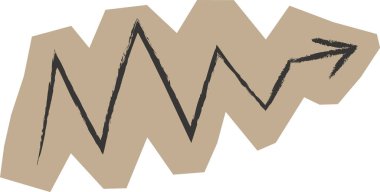 Tırtıklı kağıt kesiği üzerinde yükselen bir zikzak oluşturan pürüzlü fırça çizgisi olan ok. El yapımı kolaj görünümünde gelişimin, başarının, kazancının ve yükselen eğilimin sembolü. Çizgi film vektör illüstrasyonu.