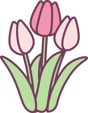 Üç tomurcuklu lale buketi ve kalın çizgili uzun yapraklar. Baharın sembolü, yenilenme, aşk ve kutlama için kutlama, düğün ve bahçe temaları. Çizgi film vektör illüstrasyonu.