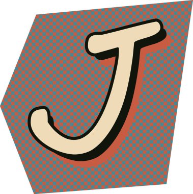 Çarpık bir parçada kalın gölgeli J harfi. Fidye kolajı görünüşü. Gizem, gizlilik, bulmaca ve tipografi sembolleri. Çizgi film vektör illüstrasyonu.