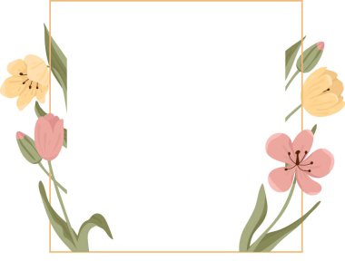 Çiçek çerçeveli lale ve zambak köşeli düzenleme, ince dikdörtgen kenar ve geniş kopya alanı. Zarafetin, davetiyenin, düğünün, selamlamanın, bahar kutlamasının sembolü. Çizgi film vektör illüstrasyonu.