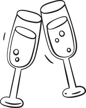 Şampanya flüt çifti baloncuklarla kadeh kaldırıyor ve hareketli hatlar çiziyor. Kutlamanın, partinin, başarının ve kilometre taşı tezahüratının sembolü. Çizgi film vektör illüstrasyonu.