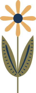 Flower with round center, long petals, tall stem, and two patterned leaves in a geometric cartoon style. Symbol of growth, nature, and renewal for spring themes. Cartoon vector illustration.