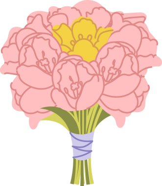 Bir buket şakayık çiçeği, merkezi aksan çiçeği ve kurdeleyle sarılmış saplar. Aşkın, romantizmin, düğünün, minnettarlığın ve kutlamanın sembolü. Çizgi film vektör illüstrasyonu.