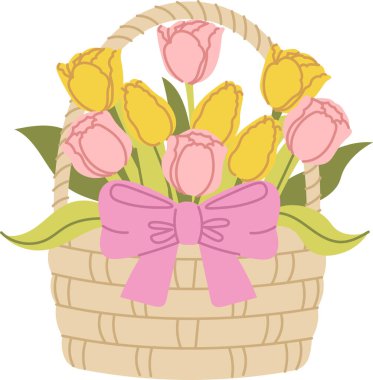 Lale sepeti aranjmanı, kurdele yayı, hasır örgü ve temiz bir çizgi filmle ayrılıyor. Baharın sembolü, minnettarlık, sevgi ve tebrik kartı için kutlama. Çizgi film vektör illüstrasyonu.