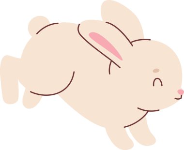 Tavşan kapalı göz, uzun kulak, küçük kuyruk ve yuvarlak vücut, temiz dış hat ve yumuşak gölgeleme ile sıçradı. Baharın, neşenin, hızın ve çocukların masumiyetinin sembolü. Çizgi film vektör illüstrasyonu.