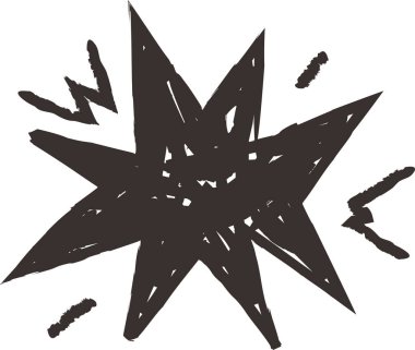 Patlama, sivri yıldız çıkıntıları ve dağınık mürekkep darbeleriyle, kaba kenarlar ve enerji hatlarıyla çizilmiş elle oldu. Çarpışma kavramı, şok, karman çorman bir mizah anlayışı. Çizgi film vektör illüstrasyonu.