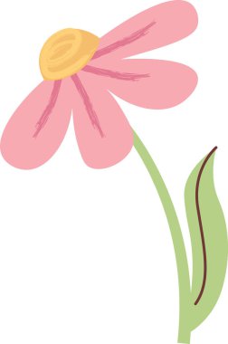 Yuvarlak merkezli çiçek, süpürme yaprakları, kavisli gövde ve el yapımı tek bir yaprak. Büyümenin, baharın ve kutlama, düğün ve markalaşma için yenilenmenin sembolü. Çizgi film vektör illüstrasyonu.