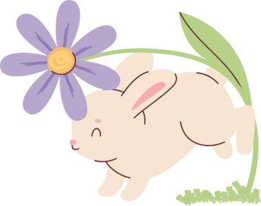 Tavşancık yumuşak bir papatyanın altına atlar, gülen bir yüz ve çimen detaylarıyla. Çocuklar için bahar neşesi, masumiyet ve doğa oyununun sembolü. Çizgi film vektör illüstrasyonu.