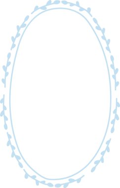 Yaprak kenarlı oval çelenk çerçevesi ve cömert kopya alanı, temiz çizgilerle çizilmiş. Zarafet, davetiye, düğün ve doğa temasının sembolü. Çizgi film vektör illüstrasyonu.