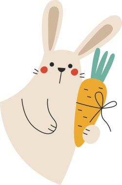 Uzun kulaklı tavşan bağlanmış bir havucu kucaklıyor, yuvarlak şekiller ve temiz bir çizgi. Hasat, beslenme, ödül ve bağışlama sembolü. Çizgi film vektör illüstrasyonu.