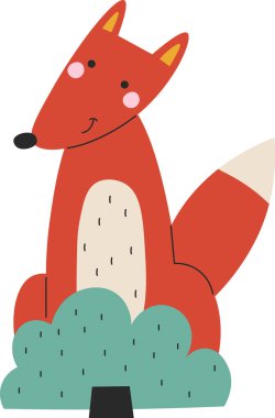 Eğik kafalı ve gülümseyen tilki yuvarlak bir çalılığın arkasında oturuyor, büyük kuyruklu ve yumuşak şekilli. Çocuk temaları için orman, merak ve dost canlısı doğanın sembolü. Çizgi film vektör illüstrasyonu.