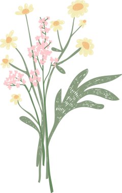 Papatya çiçeği buketi ve küçük çiçek sapları, desenli yapraklar ve temiz arka planda yarım yamalak çizgiler. Baharın sembolü, tazelik, saflık, büyüme. Çizgi film vektör illüstrasyonu.