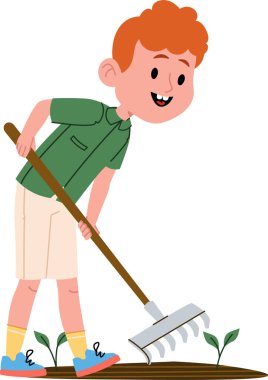 Çocuk tohum tohumu toprağı tırmıklıyor, gülümsüyor ve alet edevat ve spor ayakkabılarla öne eğiliyor. Büyümenin, özenin, ekolojinin ve öğrenmenin sembolü. Çizgi film vektör illüstrasyonu.